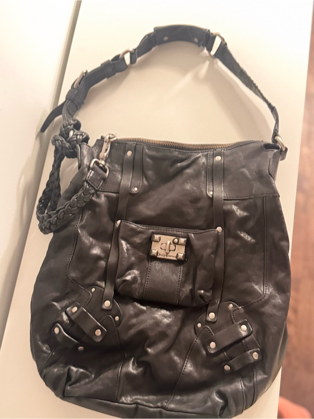 Vintage Juicy Couture Black Genuine Leather Hobo Shoulder Bag Y2K Braided Strap